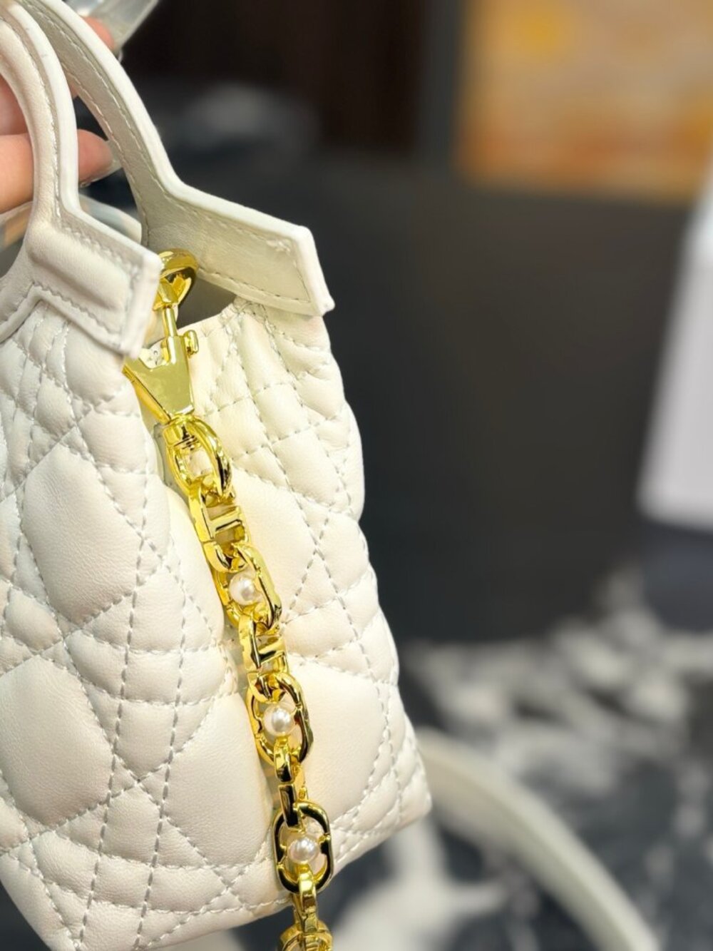 Dior Jolie Mini Top Handle Bag White Cannage Quilted Pearl Chain Crossbody - Picture 9 of 9